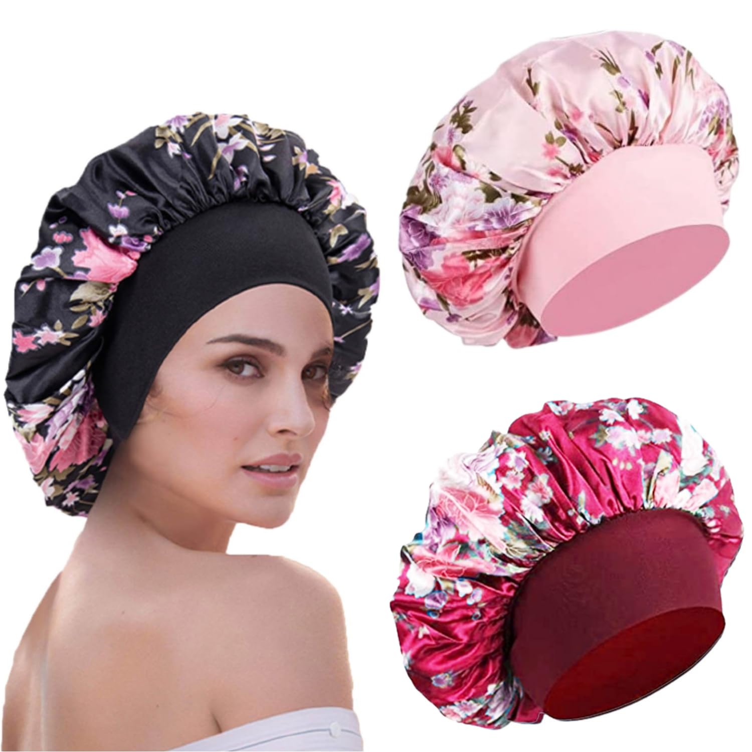 WUBAYI 3 Pcs Soft Satin Hair Wrap Bonnet for Sleep and Night Head Cover, Sleeping Cap Bonnets for Women and Girls Curly Hair (Pink, Black, Red)