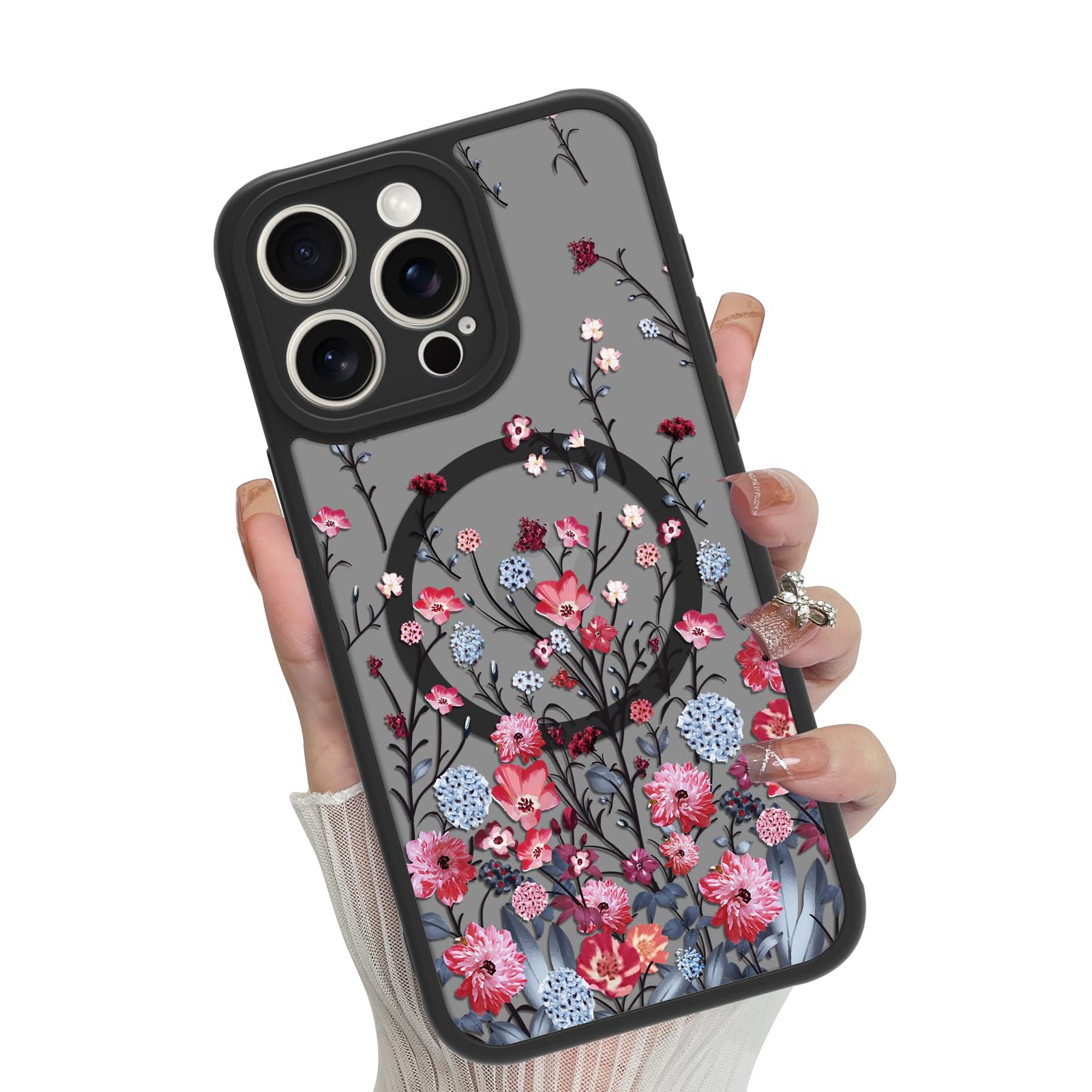 Photo 1 of MOWIME Magnetic Floral for iPhone 13 Pro Max [Compatible with MagSafe] Cute Aesthetic Fashion Flower Translucent Matte Hard Back Shockproof Anti-Scratch Phone Case-Red Flower