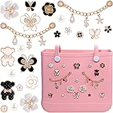 Charms for Bogg Bag, Pearls Butterfly Flowers for Bogg Bag Accessories Charms, Gold Charm & Bling Pendant Chain Compatible with Simply Southern Beach Bags Tote, Insert for Rubber Beach Tote Handbag Birthday(22 Pcs)