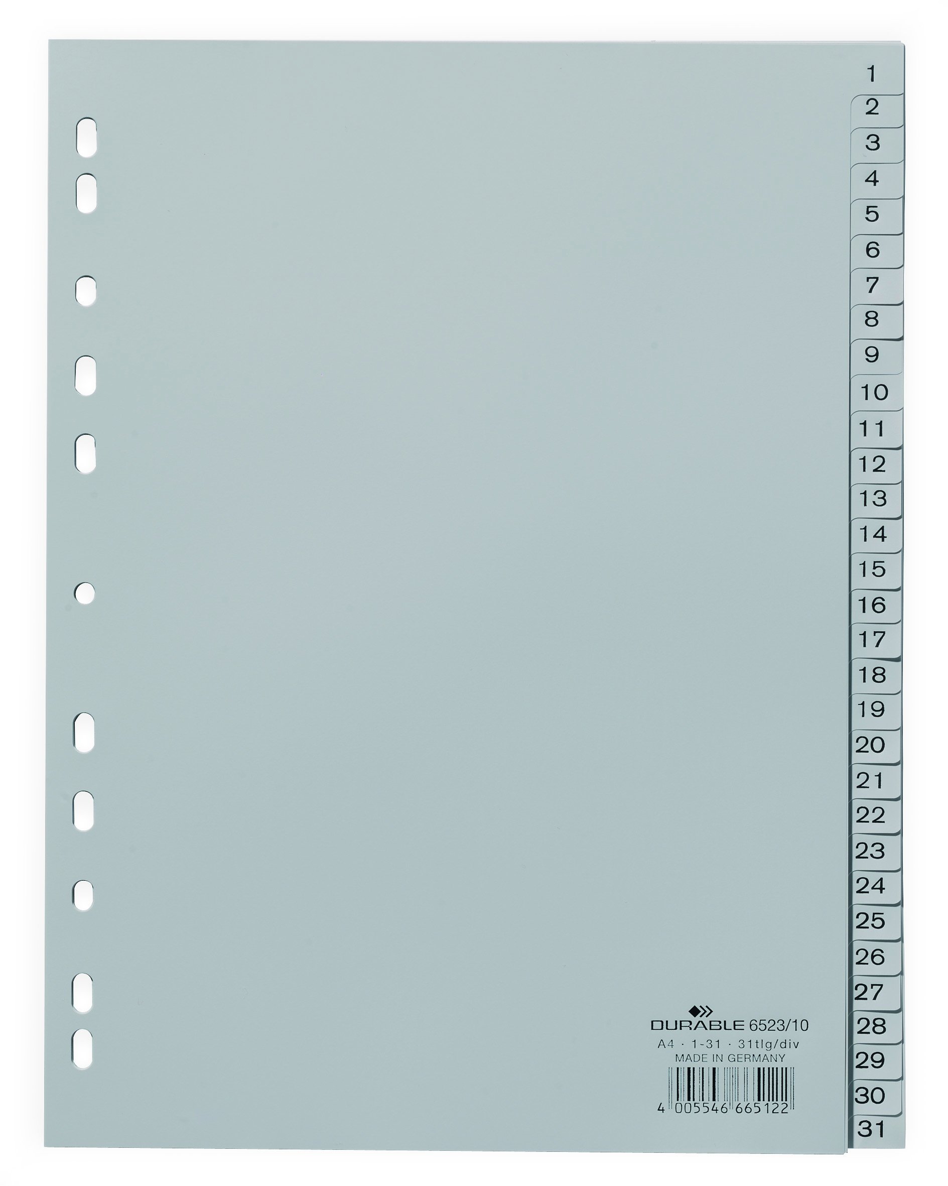 Durable 1-31 Polypropylene Index Dividers, A4 Portrait Full Covering, Pack of 10 Dividers, Grey, Made in Germany