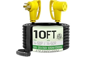 POWGRN NEMA 14-50P to NEMA 14-50R 50 Amp RV/EV Extension Cord 10 FT Outdoor with Grip Handle, Flexible Heavy Duty RV Power Cord Waterproof, 50A 125/250V 6250/12500W STW, Black-Yellow, ETL Listed