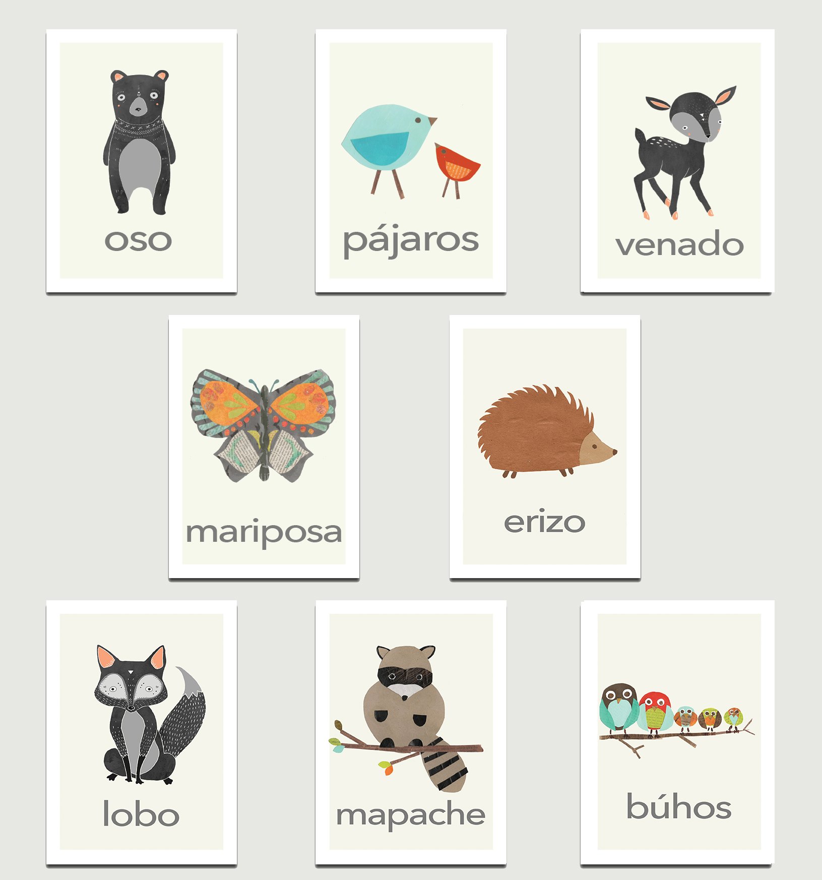 Children Inspire Design Nature Animals in Spanish Mini Collection Wall Card Prints, Animals, Flash Cards, Minimalist Design, Calming Colors, Wall Cards