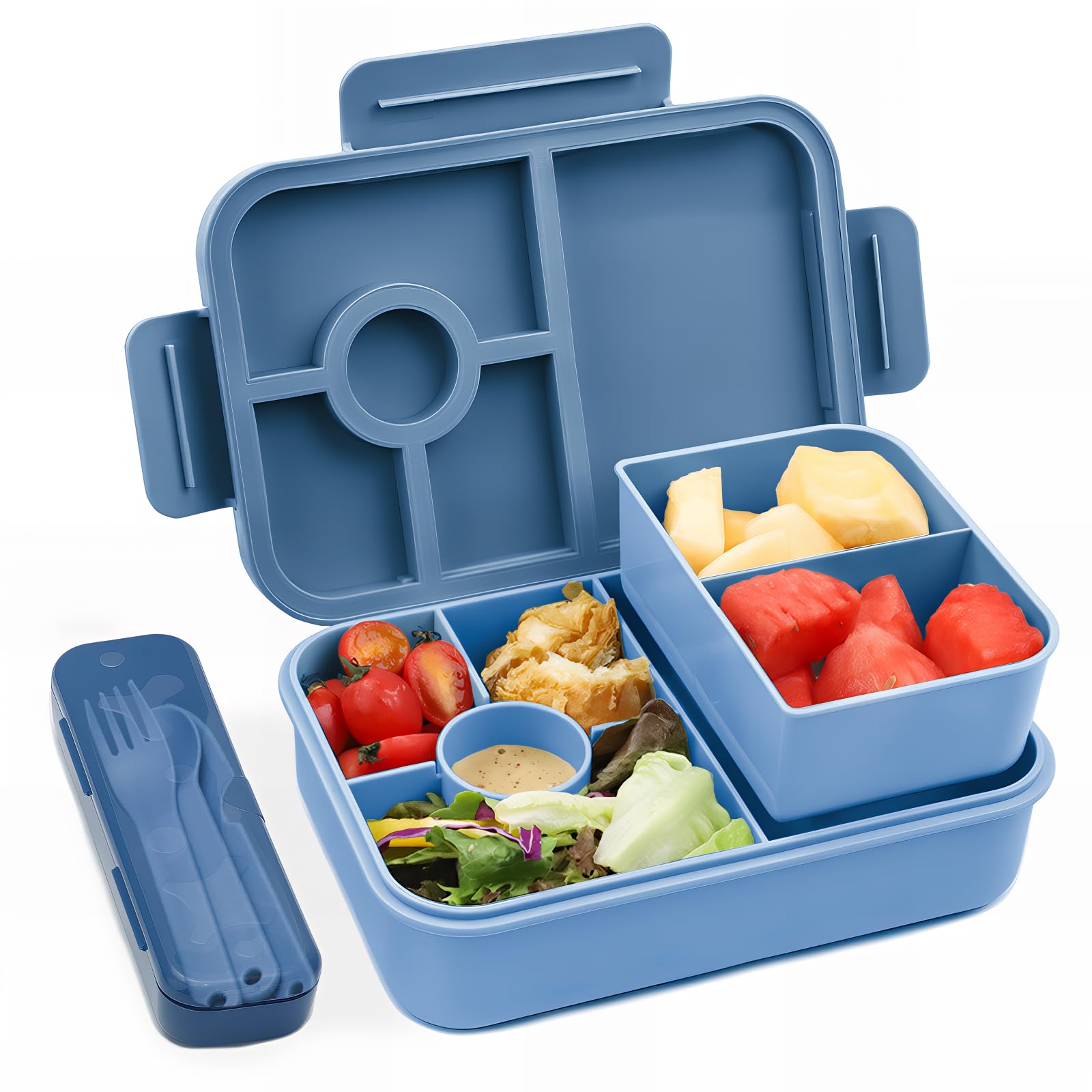 Bugucat Lunch Box 1300ML,Leak-Proof Bento Lunch Box with 4 Compartments,Bento Box Adult with Cutlery, Snack Boxes Bento Boxes with Compartments for School Kindergarten Office,Dblue