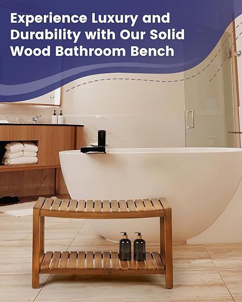 UPOLANA TEAK SHOWER BENCH, 32″ SOLID WOOD SHOWER STOOL FOR INSIDE SHOWER TO SIT ON, WOODEN BATHROOM SHOWER SEAT WATERPROOF