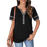 Vrtige Women's Color Block V Neck Short Sleeve Shirts Casual Buttons Tunic T-Shirt Tops