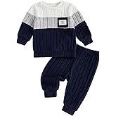 Fufuriprefer Toddler Baby Boy Fall Clothes Color Block Patchwork Long Sleeve Pullover Top and Pants 2Pcs Set Winter Outfits
