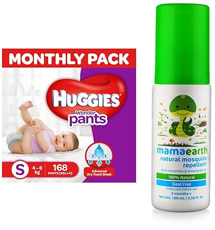Huggies Wonder Pants Small Size Diapers Monthly Pack (168 Count) & Mamaearth Natural Insect Repellent for babies (100 ml)