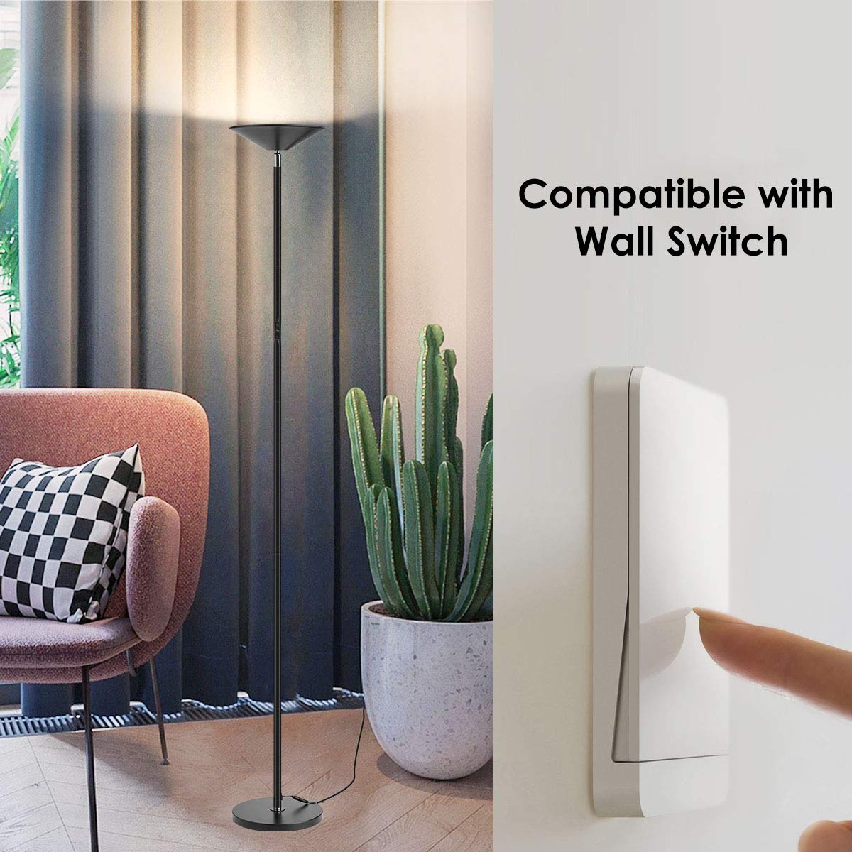 Floor Lamp, LED Torchiere Super Bright Floor Lamps, Dimmable 20W LED Floor Light with Touch Control and Wall Switch, Standing Lamp with Stepless Dimmer for Living Room and Bedroom. 90° Adjustable Top.