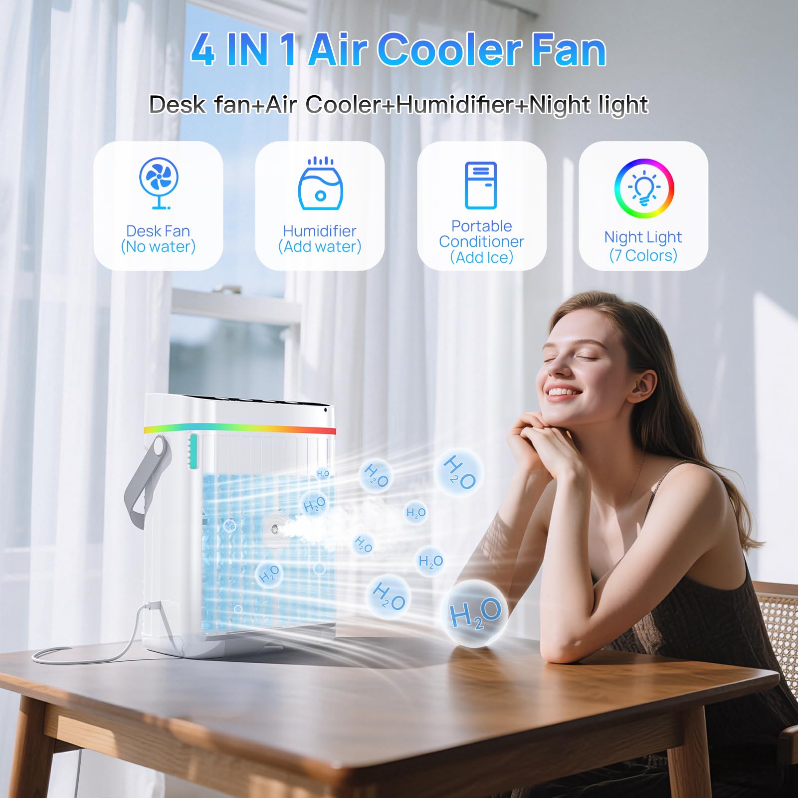 Portable Air Conditioners, 40oz Water Tank, 3 Wind Speed & 3 Cool Mist, 1-3H Timer & 7 LED Light, Personal Air Conditioner Small Mini Air Conditioner Portable Air Cooler for Room/Office