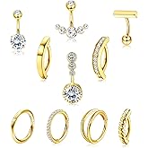 YADOCA 10Pcs Clicker Belly Button Ring for Women Surgical Steel CZ Belly Rings Simple Bar Reverse Curved Navel Rings Hoop Clicker Segment Belly Barbell Piercing Jewelry Gold Silver Rose Gold Tone 14G