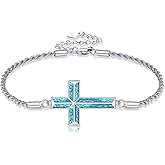 CUPENDA Cross Bracelet 925 Sterling Silver Turquoise Cross Crucifix Jesus Faith Adjustable Bracelet Religious Christmas Valentine's Day Jewelry for Women Christian