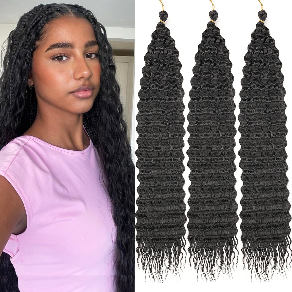 Kachanaa 24 Inch Pre-Separate Ocean Wave Crochet Hair for Goddess Braids Synthetic Crochet Braiding Hair for Boho Box Braids 7 Pack Black Pre-Separate Deep Wave Hair Extensions /1B# — image 1