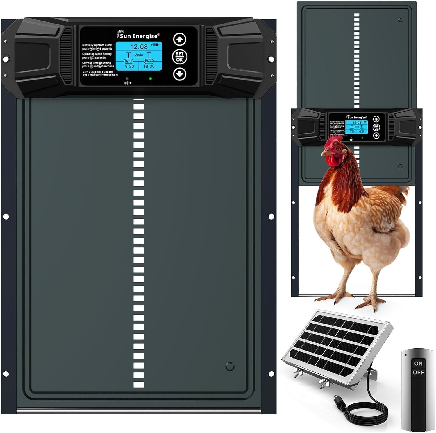 Photo 1 of Automatic Chicken Coop Door Solar Powered, LCD Screen, Anti-Pinch Design, Battery Powered Auto Chicken Door with Timer & Light Sensor, Aluminum Alloy, Large Solar Coop Door with Remote
