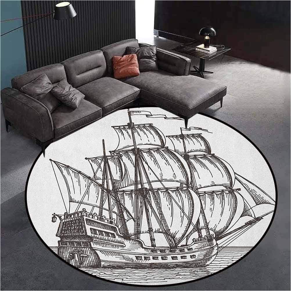 Pirate Ship Fluffy Round Area Rug Circle Rugs for Living