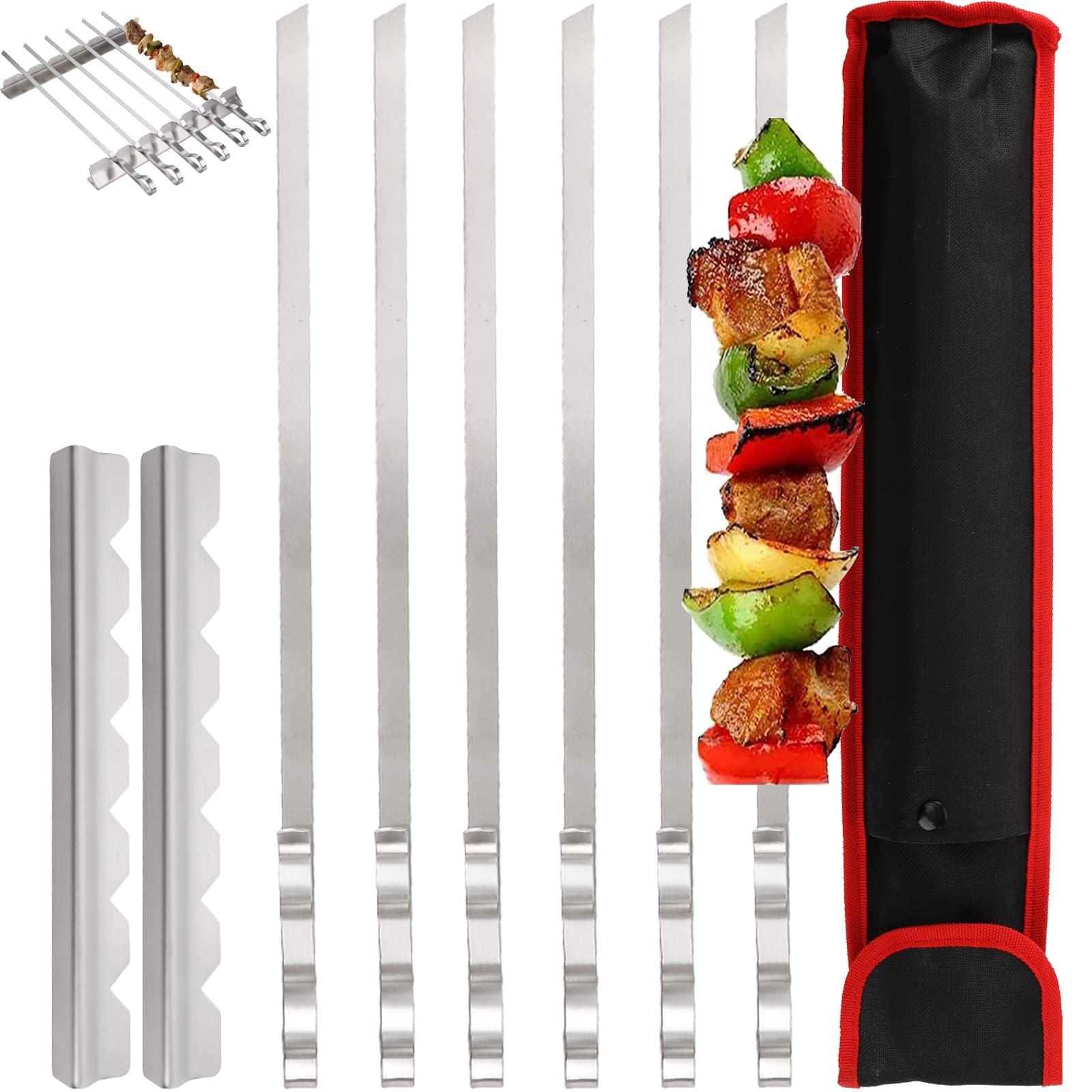 Dicunoy 9 Pcs Metal Kebab Skewers Set, 17" Barbecue Skewers with Rack, Skewer Sticks for Grilling, Reusable Long Flat Shish BBQ Sticks with Rack Stand for Meat, Shrimp, Chicken, Vegetable