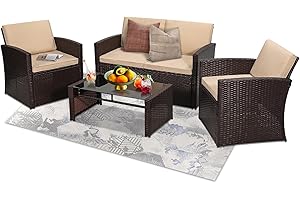 KROFEM 4 Piece Patio Conversation Set, Outdoor Wicker Sectional Furniture with Sofa, 2 Chairs, and Coffee Table, for Porch, Deck, Brown Rattan and Beige Overstuffed Washable Cushions
