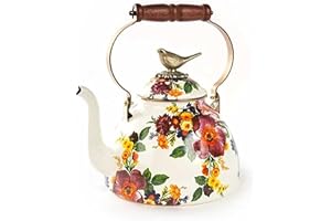 MACKENZIE-CHILDS Enamel Tea Kettle, Cute Kitchen Kettle for Stovetop, 3-Quart Capacity, White Flower Market with Bird Topper