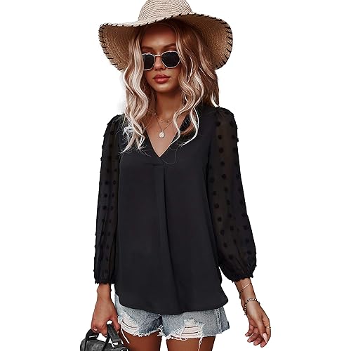 Blouse Women, V Neck Lantern Long Sleeve Chiffon Blouse Tops Shirts Casual Top