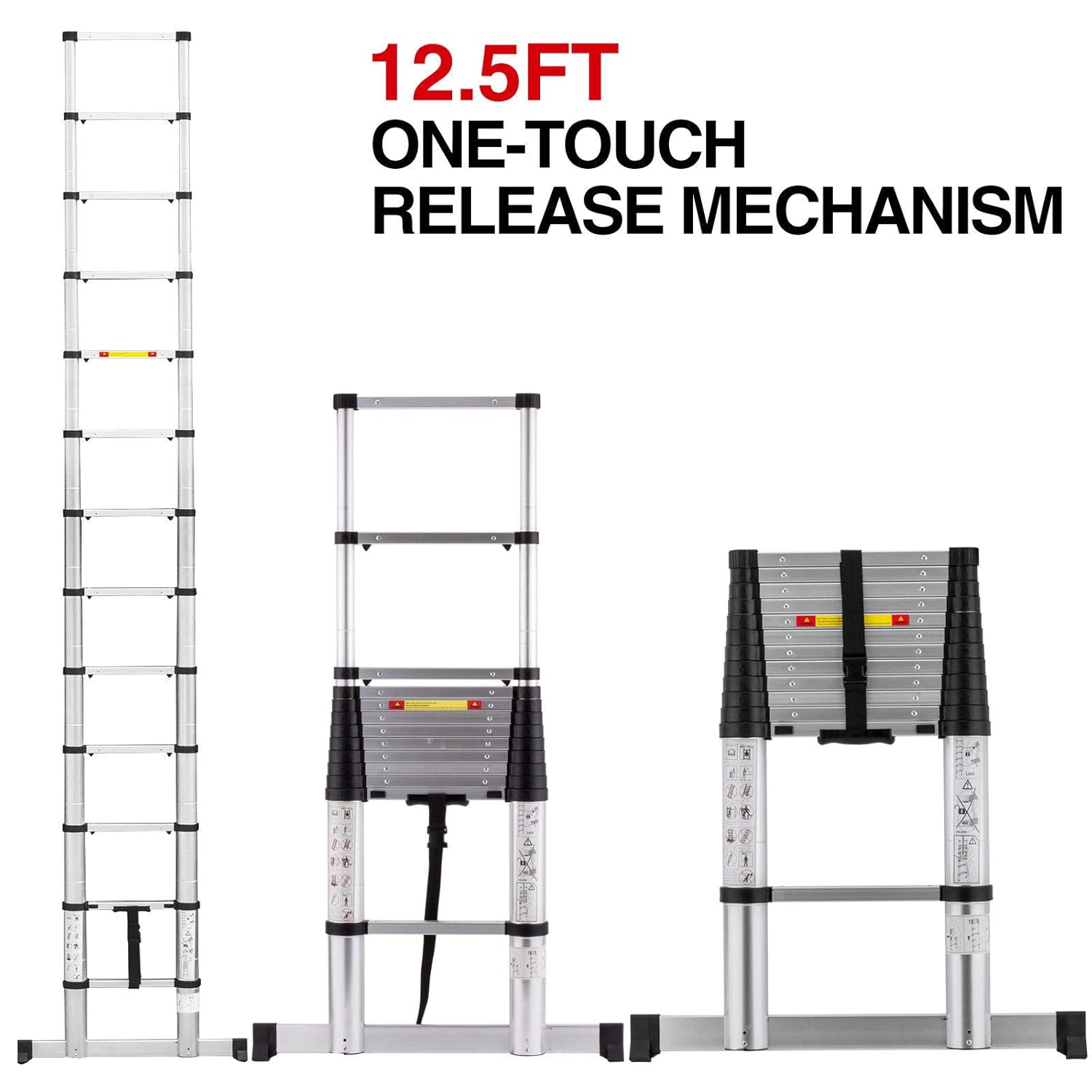12.5FT Aluminium Ladders One-Touch Release Telescoping Extension Folding Step