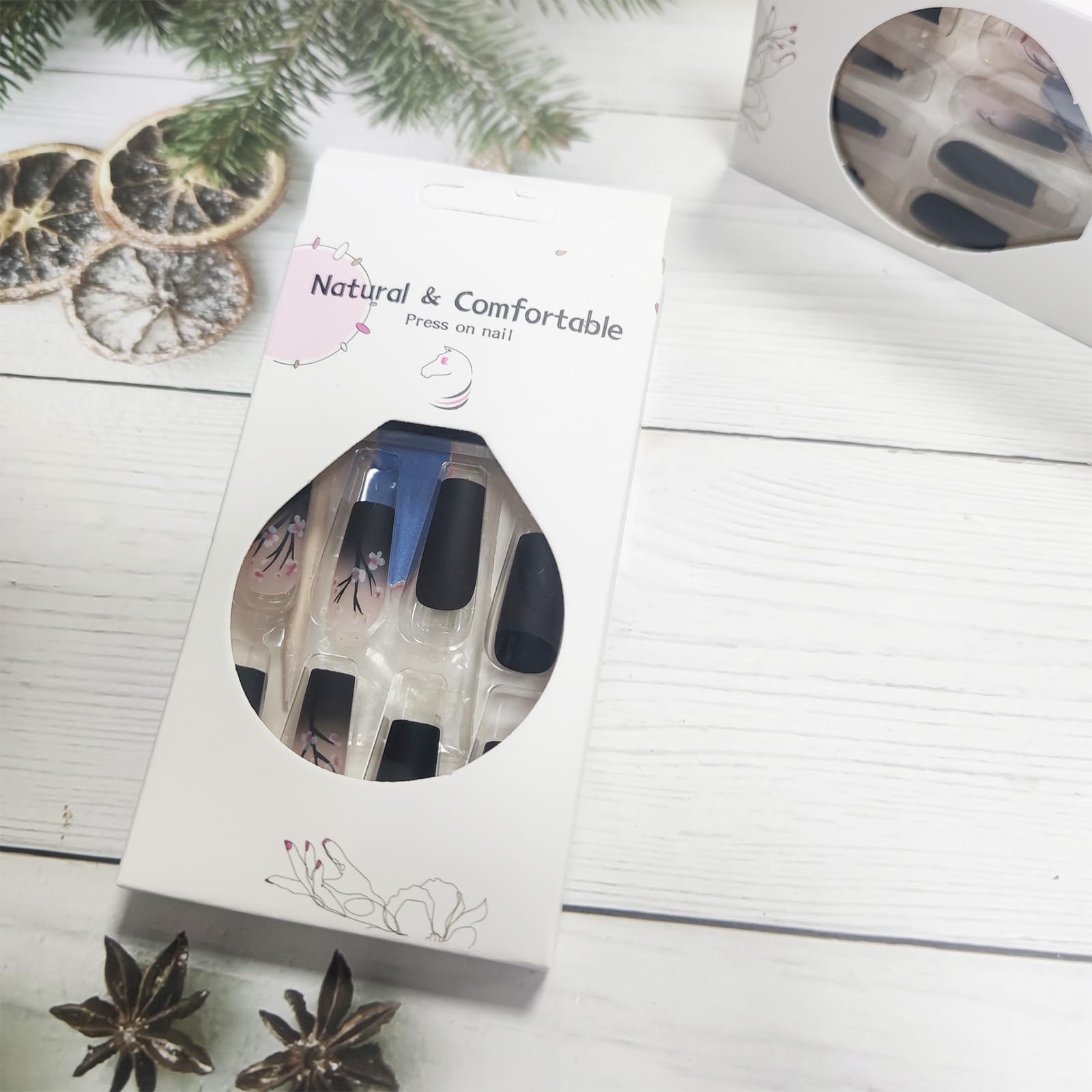 Winter Flower Press on Nails Black Gradient Medium Square False Nails 24 Pcs Glossy Pink Plum Blossom Acrylic Fake Nails Gel Glue on Nails Black French Tips Stick on Nails for Coquette Women Girls - Image 3