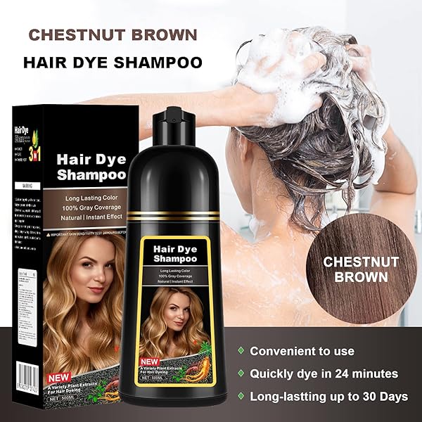 NATURAL CHESTNUT BROWN HAIR DYE SHAMPOO 3 IN 1 FOR 100% GRAY HAIR COVERAGE, INSTANT HERBAL INGREDIENTS HAIR COLOR SHAMPOO FOR WOMEN MEN, HAIR DYE COLORING IN MINUTES 500ML