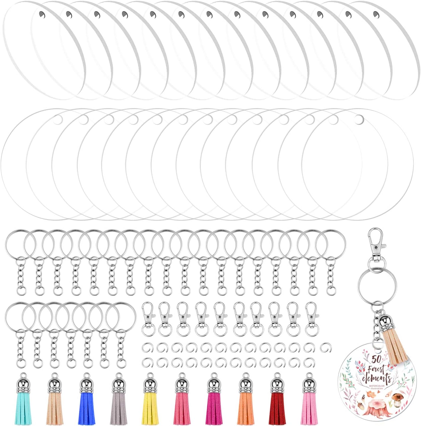 SelfTek 95 Pcs Clear Acrylic Discs Keychain Making Kit - 25 Acrylic Circle Blank with 25 Keychain Ring and Jump Ring, 10 Colorful Tassel Pendants, 10 Swivel Snap Hook for DIY Projects and Craft