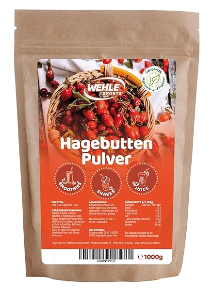 Hagebuttenpulver 1kg naturrein glutenfrei Rohkost-Qualität - Hagebuttenfrüchte gemahlen ohne Zusätze - Hagebuttengranulat