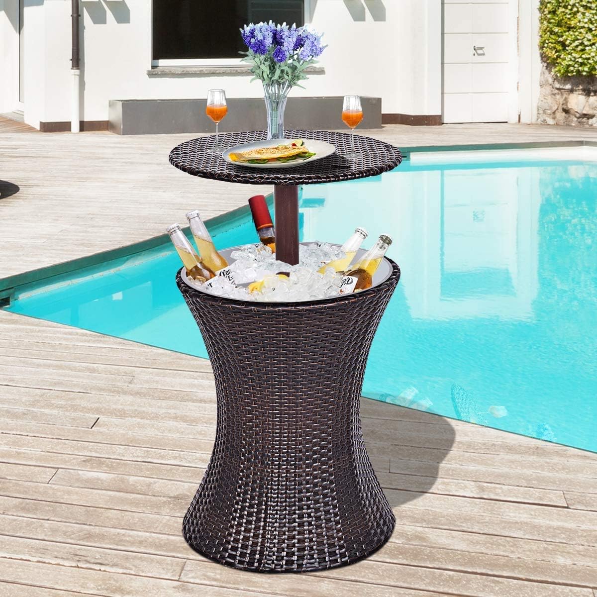 LHLYL-DP Ice Bucket Cocktail Coffee Table, Outdoor Cool Bar Table, Rattan Style Patio Table, Adjustable Height Party Deck, for Pool Use: Home & Kitchen