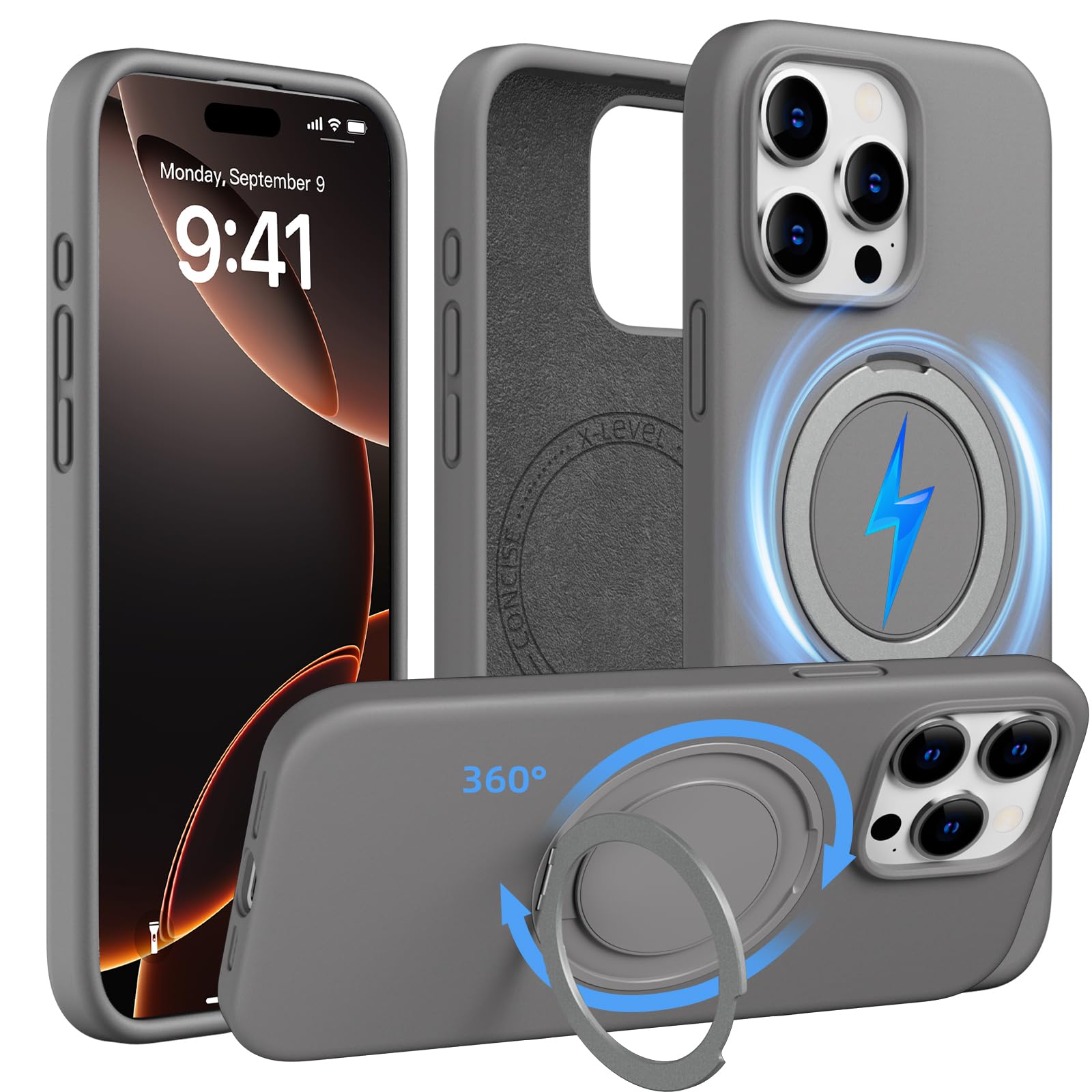 X-level for iPhone 15 Pro Max Case, Liquid Silicone Cover Compatible with MagSafe, [360° Holder] Phone Stand Supports Magnetic Charging, Shockproof, Soft Microfiber Lining - Natural Titanium Gray