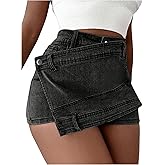 SHENHE Women's Vintage Mini Denim Skorts Wrap Overlay Irregular Stretchy Cargo Shorts