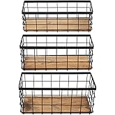 TIEYIPIN Farmhouse Decor Metal Wire Storage Baskets, Wood Base Containers Organizing Basket Caddy Bin for Kitchen Cabinets, B