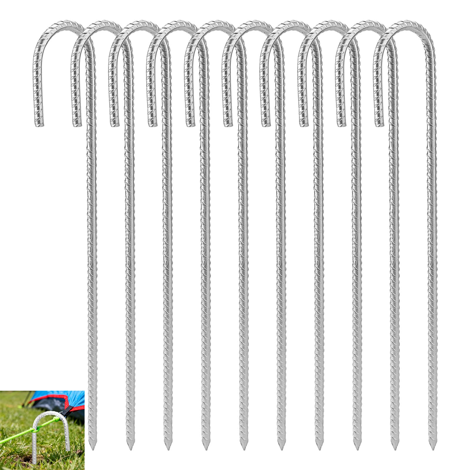 10 Pack 16 Inch Trampoline Rebar Tent Pegs, 40cm Heavy Duty J Hooks Ground Anchor Stakes for Swing Football Garden Camping