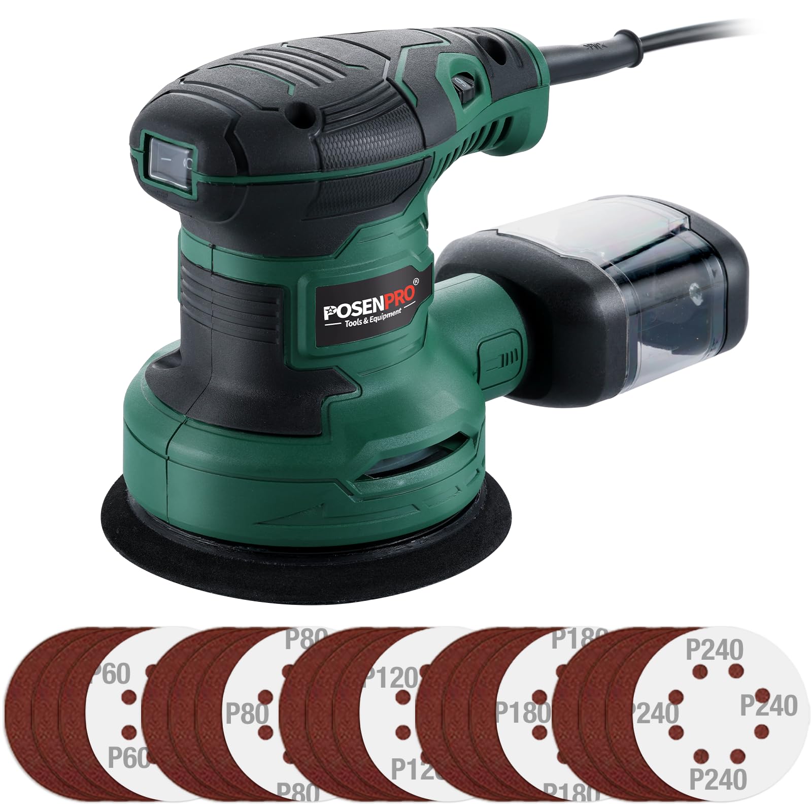 POSENPRO 300W Random Orbital Sander with 20Pcs 125mm Sandpapers, 7000-13000RPM 6 Variable Speed Sander Machine, High Performance Dust Collection System for Woodworking, Dust Collection Box Include