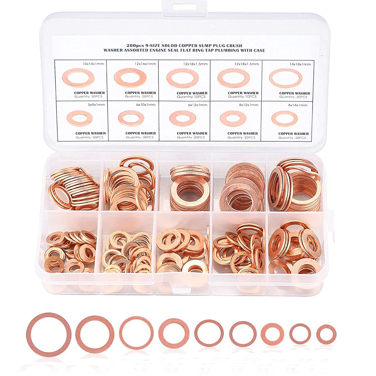 XPOOP 200 Pcs Copper Washers Set, Engine Seal Flat Ring Gasket Fastener Metric Sealing Washer Assortment Set With Boxed Screw Fasteners (M5 M6 M8 M10 M12 M14)