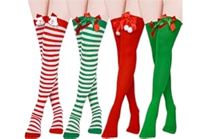 SATINIOR 4 Pairs Christmas Striped Thigh High over Knee Stockings Red Green Candy Cane Cosplay Socks for Women(Cute Style)