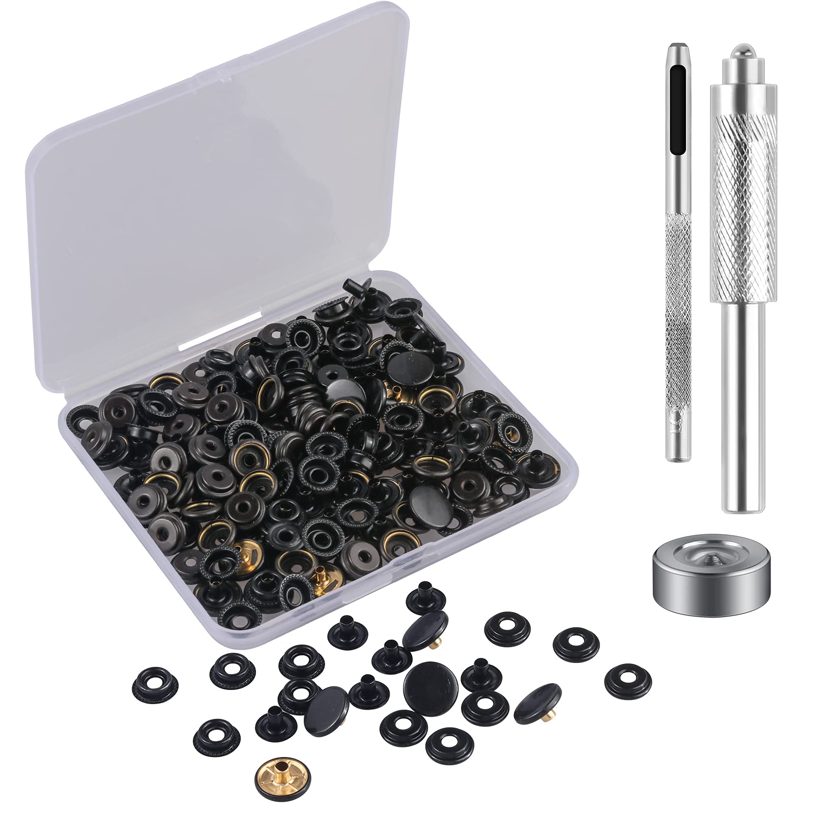50 Sets Press Studs Cap Button, MSDADA Stainless Steel Snap Fasteners Kit with Hand Fixing Tools, Instant Metal Buttons No-Sew Clips Snap for Bags, Jeans, Clothes, Fabric, Leather Craft (Black)