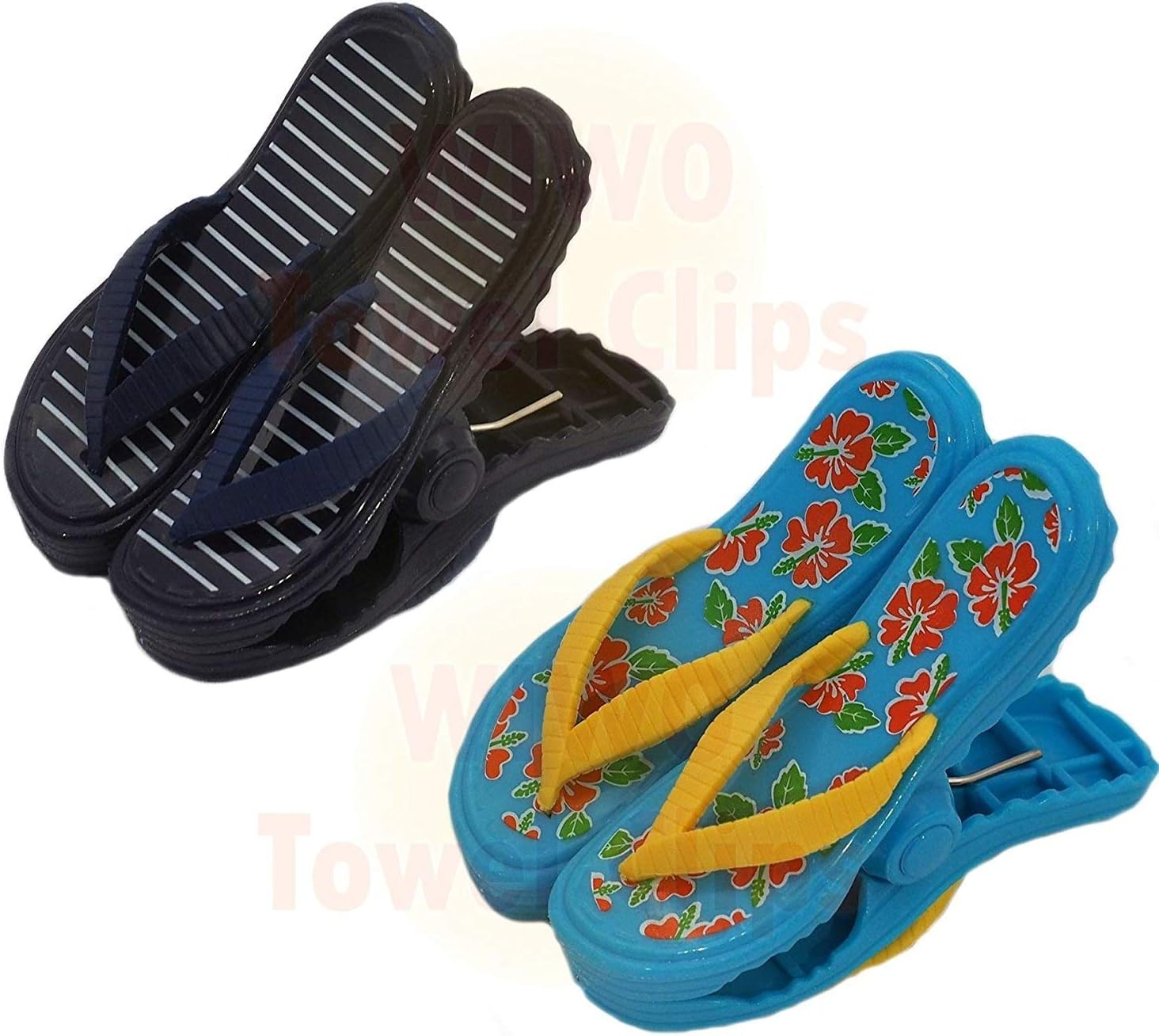 WIWO2 Pairs of Sandal Flip Flop Towel Clips - Blue Stripe & Tropical