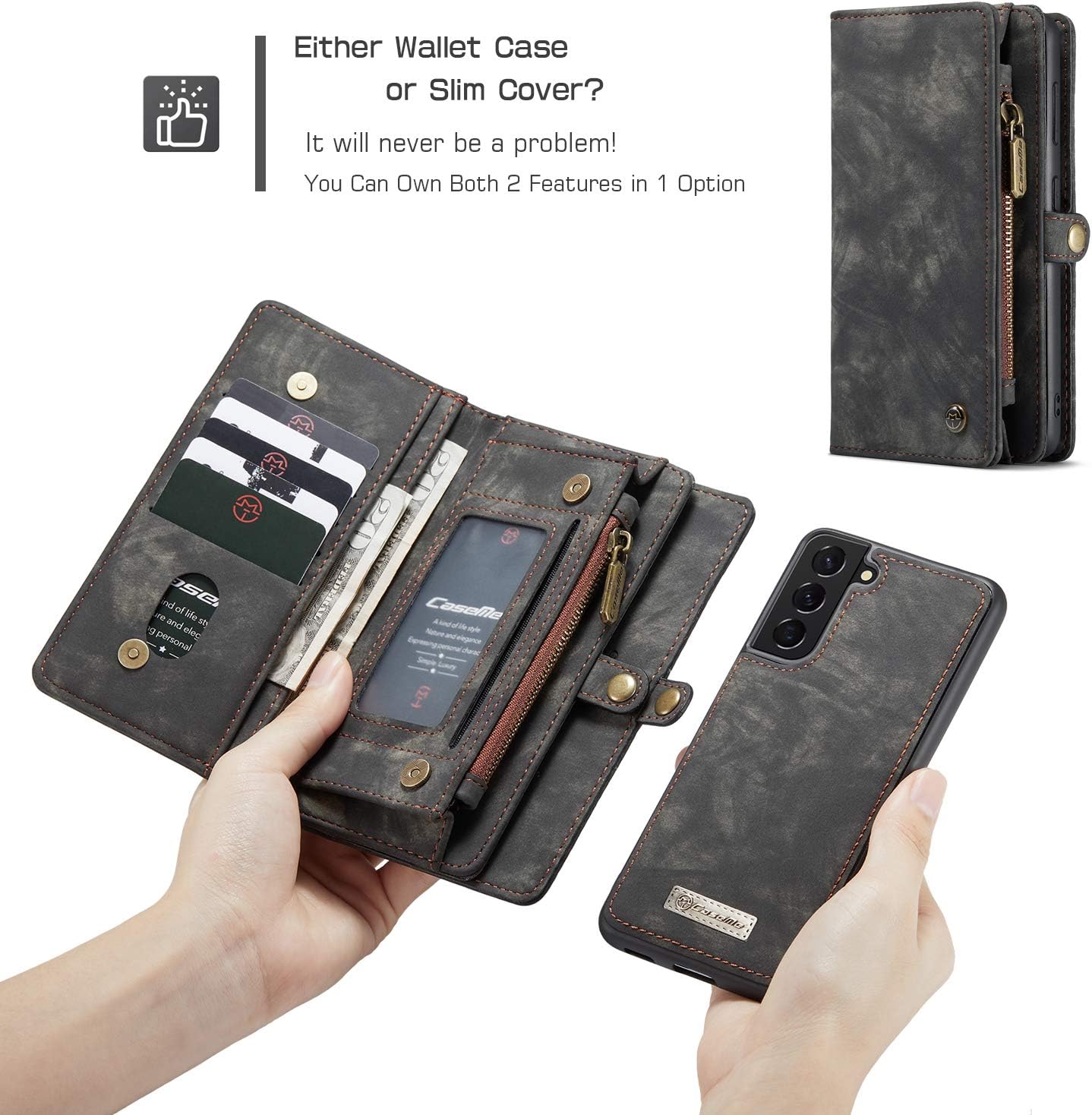 UFinetech Detachable Samsung Galaxy S21 Plus Case Wallet Magnetic Flip Design TPU Leather Card Holder Slot Zipper Stylish Luxury 2-in-1 Cover Purse Holster for Samsung Galaxy S21+ 5G 2021 Black - Image 5