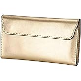 AurexaFashion Women's Genuine Real Leather Slim Envelope Wallet with Detached Card Holder, Magnetic Closure, Phone Holder Clutch (Gold)