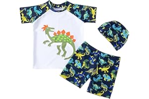 YAGATA Baby Toddler Boys 3 Pieces Swimsuit Set Boys Swimwear Dinosaur Bathing Suit Rash Guards UPF 50+