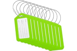 BlueCosto Luggage Tags (Small, Green, 10 PK) - Suitcase Tags w/Name ID Card & Heavy-Duty Metal Wire Loops - Bright Colored PVC Tags for Travel Baggage - Backpack Name Labels