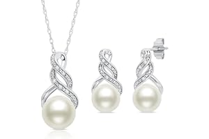MAX + STONE Sterling Silver Pearl Jewelry Set with Diamonds | Freshwater Pearl Earrings & Necklace for Women | Real Pearl Necklace and Earring set | Silver Pearl Earrings and Necklace Set for Women