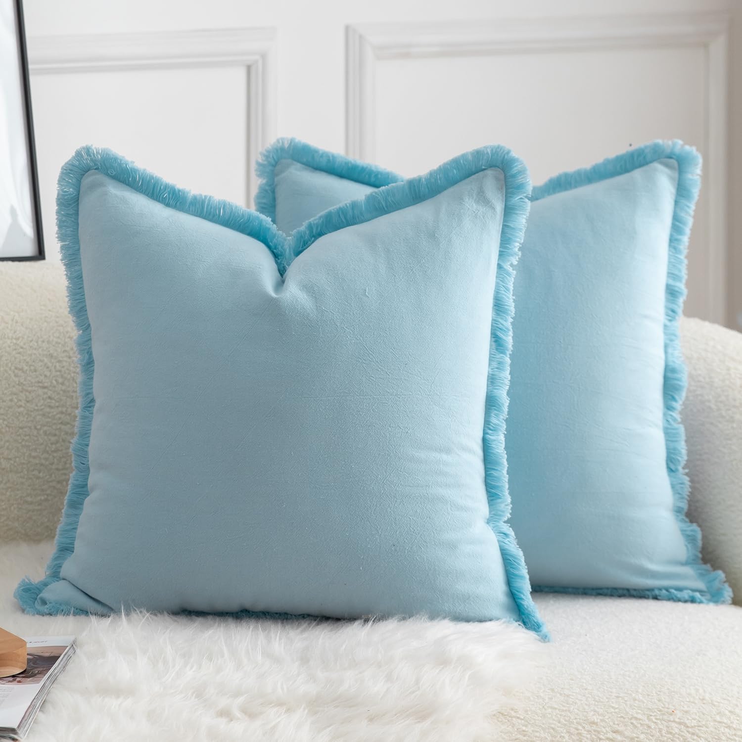 Mandioo Set of 2 Neutral Cotton Fringe Cushion Covers 65x65 cm 26x26 inch Decorative Boho Farmhouse Throw Pillowcase Cozy Tassels for Couch Sofa Bedroom Living Room Home Decor Light Blue