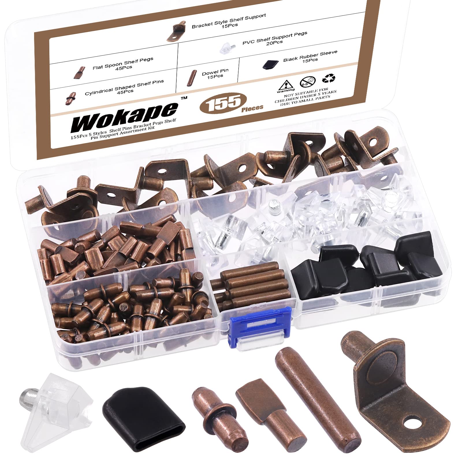 Wokape 155Pcs 5 Styles Red Bronze Shelf Pins Assortment Kit, Metal Shelf Pins Sets Bracket Pegs Cabinet Furniture Shelf Pins Support Assortment for Shelf Holes
