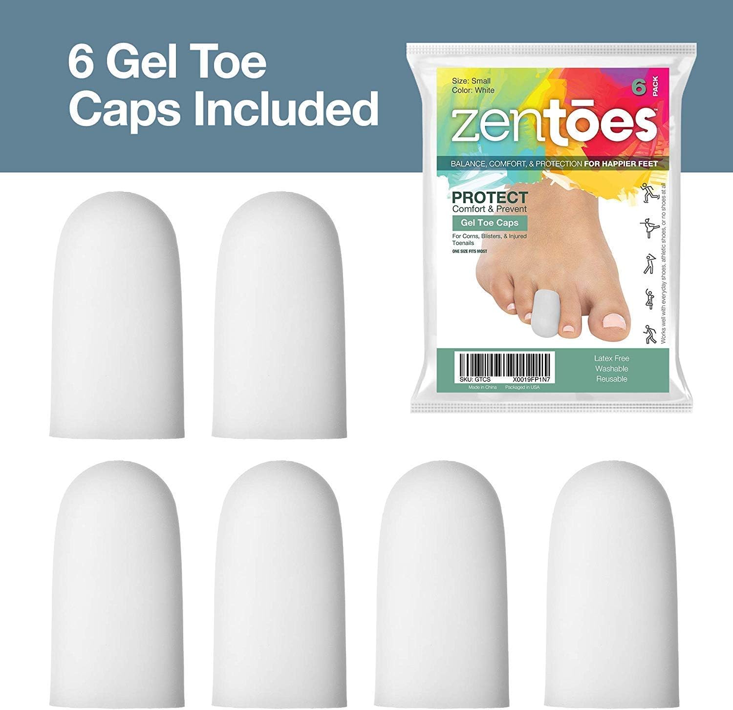 ZenToes 6 Pack Gel Toe Cap and Protector - Cushions and Protects to Provide Relief from Missing or Ingrown Toenails, Corns, Blisters, Hammer Toes (Small, White): Health & Personal Care