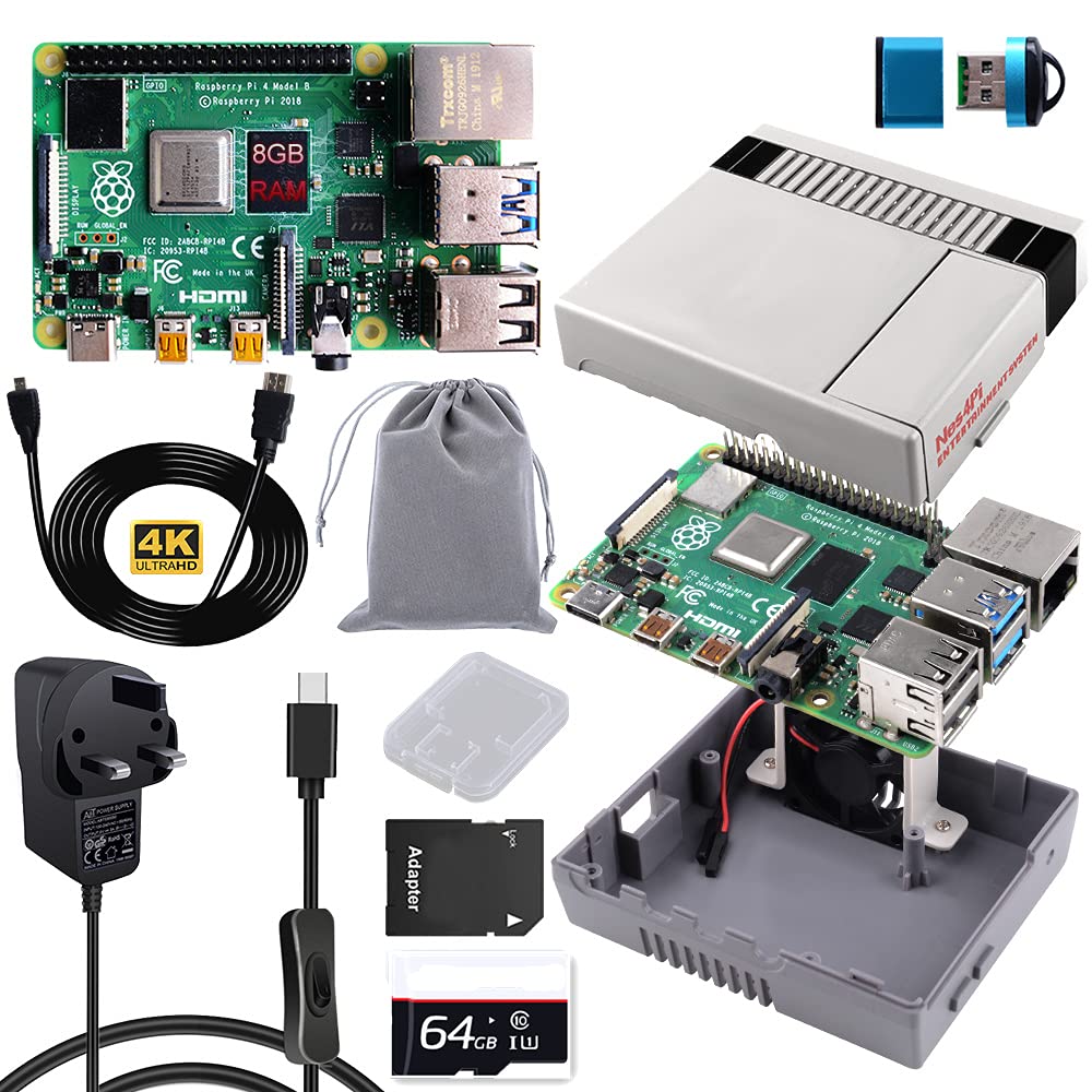 DVOZVO Raspberry Pi 4 B Model B Starter Kit 8GB RAM with 64GB Micro SD Card,Nes4Pi Case,5V 3A USB-C Power Supply,Cooling Fan,Heatsinks,Micro HDMI Cable and SD Card Reader