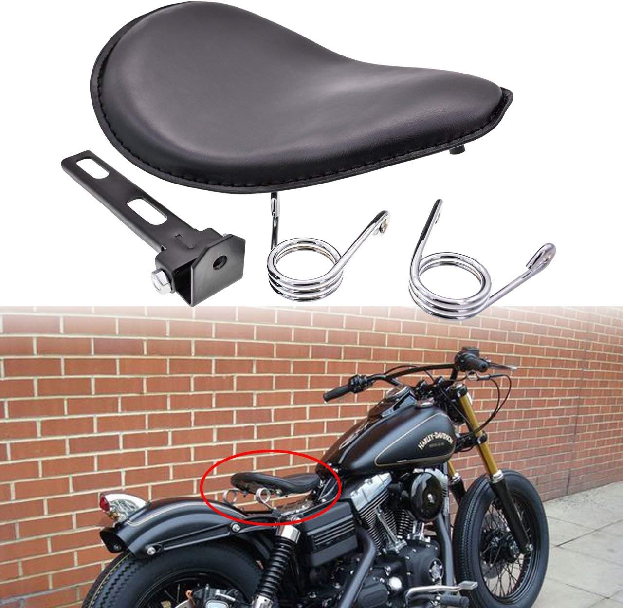 HANEU Chrome Leather Solo Seat 3" Spring Mounting Bracket Kit for Sportster Bobber Chopper