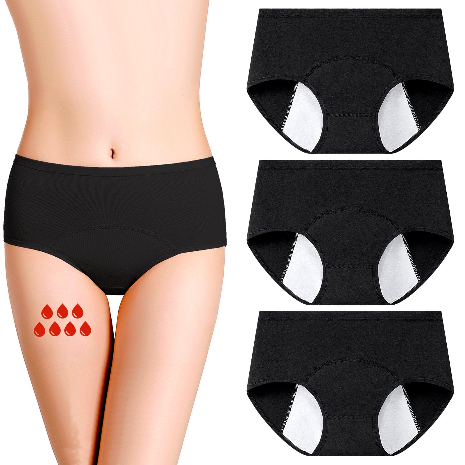 UZSUZZ Women's Period Pants, 3PCS Menstrual Underwear for Women, Women Cotton Breathable Stretchy Knickers, Reusable Postpartum Underwear with Leakproof Crotch for Heavy Flow Extra Protection