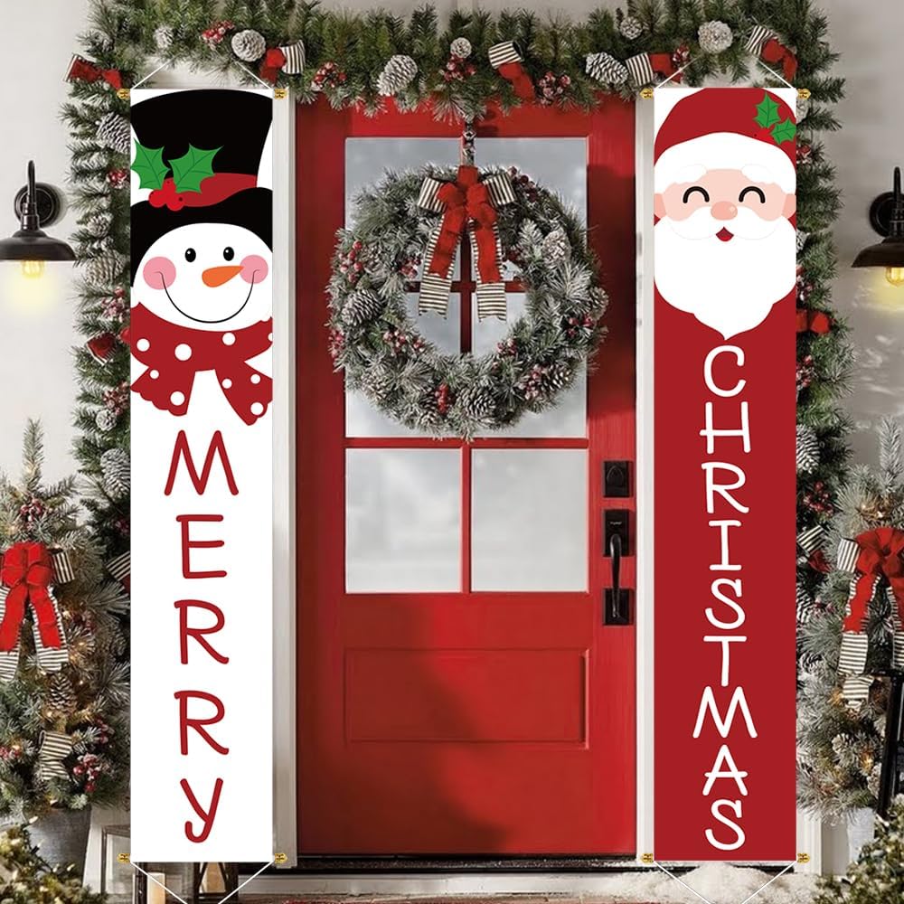 Yard Signs - Ivenf Christmas Decorations Outdoor Yard Door Banner, Cute Red White Santa Snowman Front Porch Sign, Hanging Merry Christmas Decorations for Home, Indoor Outdoor Xmas Decor Wall Front Door Yard Garage