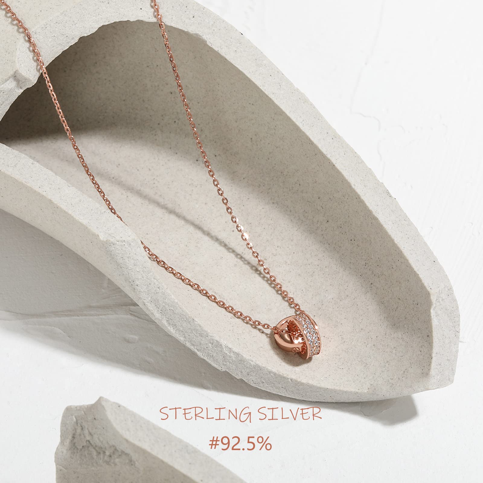 Pasurohu Women's Necklace, 18K Gold Coated, 925 Silver, Top Grade Cubic Zirconia Pendant, Double Ring, Rose Gold, Platinum, Adjuster, Hypoallergenic Metal, Genuine Jewelry, Gold Plated